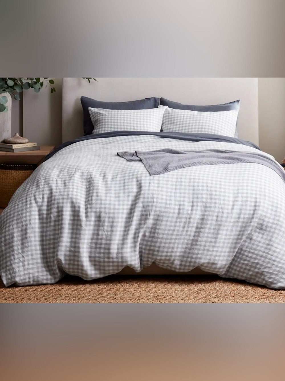 Quince European Linen Gingham 1 Pc Duvet Cover, Full/Queen (Blue Fog)